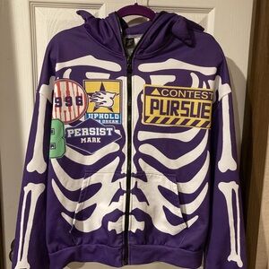 ROMWE Purple Skeleton Mens medium Jacket with Patches hood has soft spikes